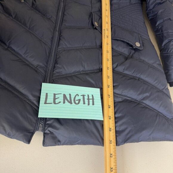 Cleo Navy Blue Long Feather Down Puffer Coat with Faux Fur Hood - Picture 14 of 15